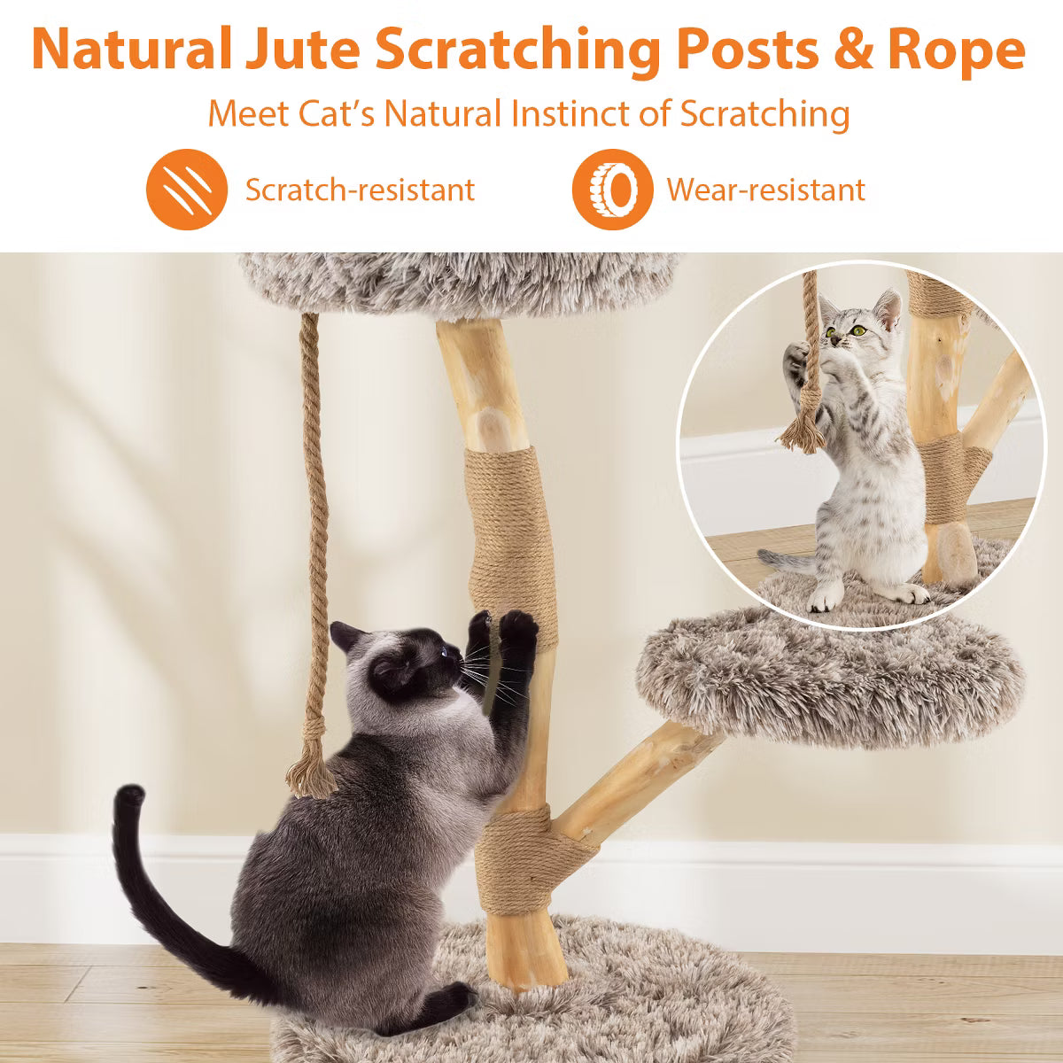 Solid Wood Cat Tower Modern Cat Scratching Tree w/Luxurious Perch Teasing Rope