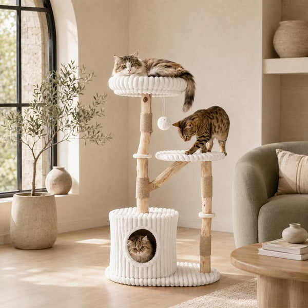 Solid Wood Cat Tree Tower 41 Inch with Real Branches, Scratching Posts and Cozy Bed