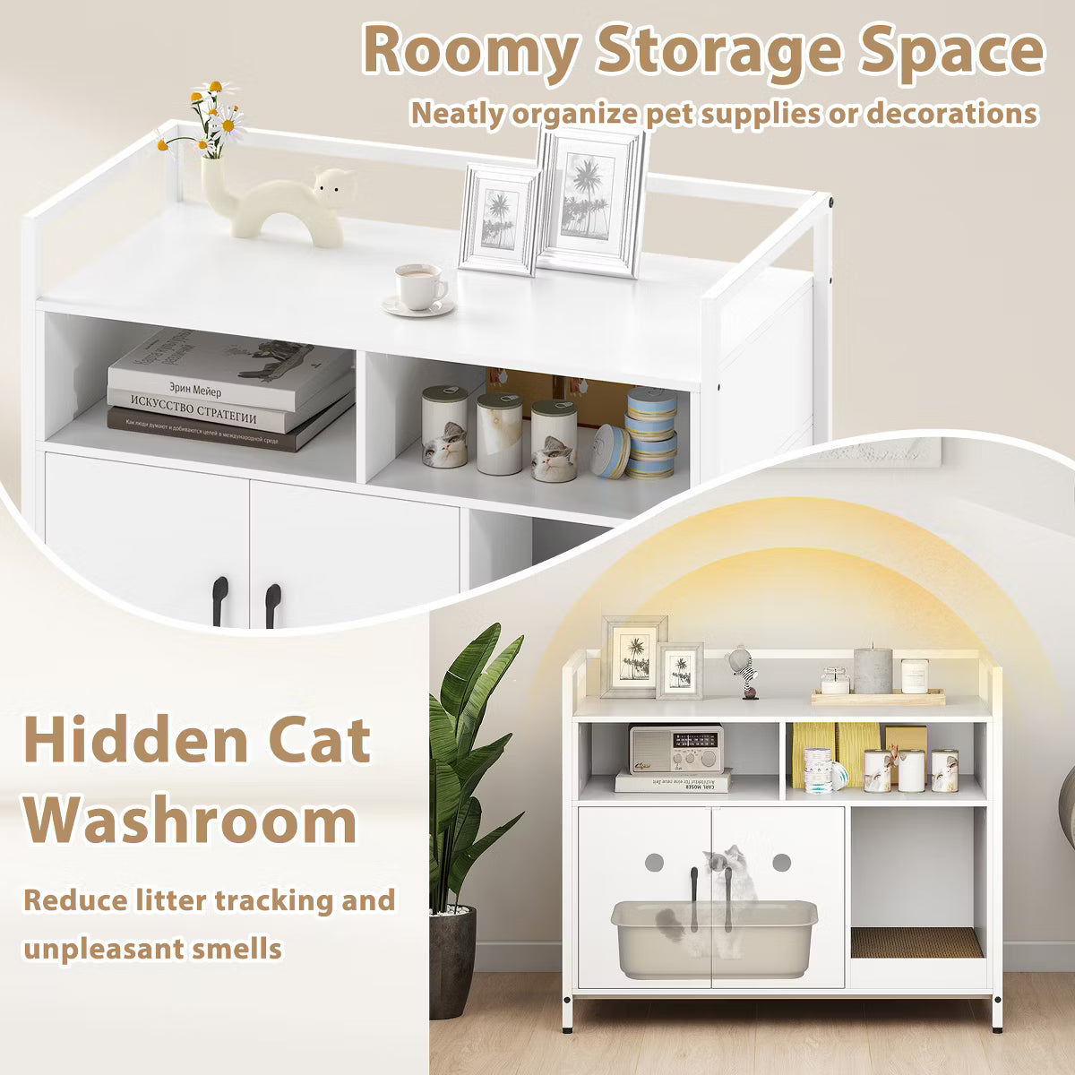 Cat Litter Box Enclosure w/ Storage Compartments Removable Scratching Board Gray