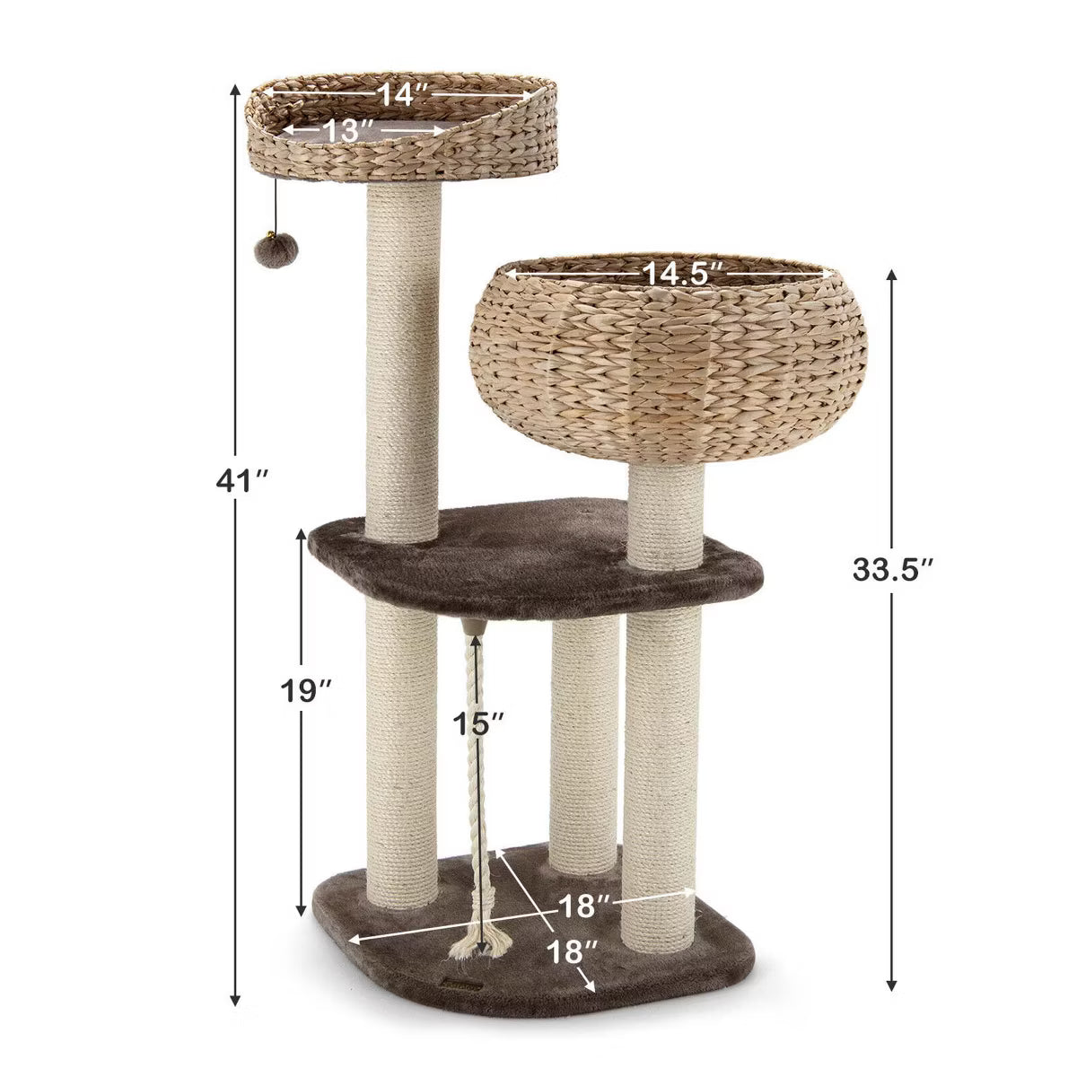 41'' Hand-Made Cat Tree Tower Natural Bowl Shaped w/ 2 Perch Coffee