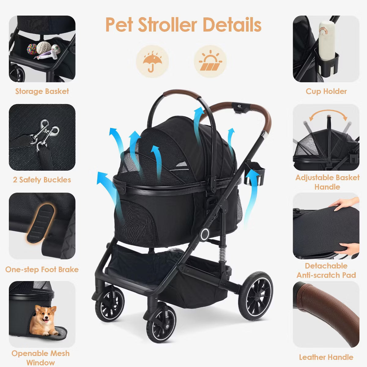 3-in-1 Folding Pet Stroller for Small to Medium Dogs and Cats up to 50 lbs with Storage Basket