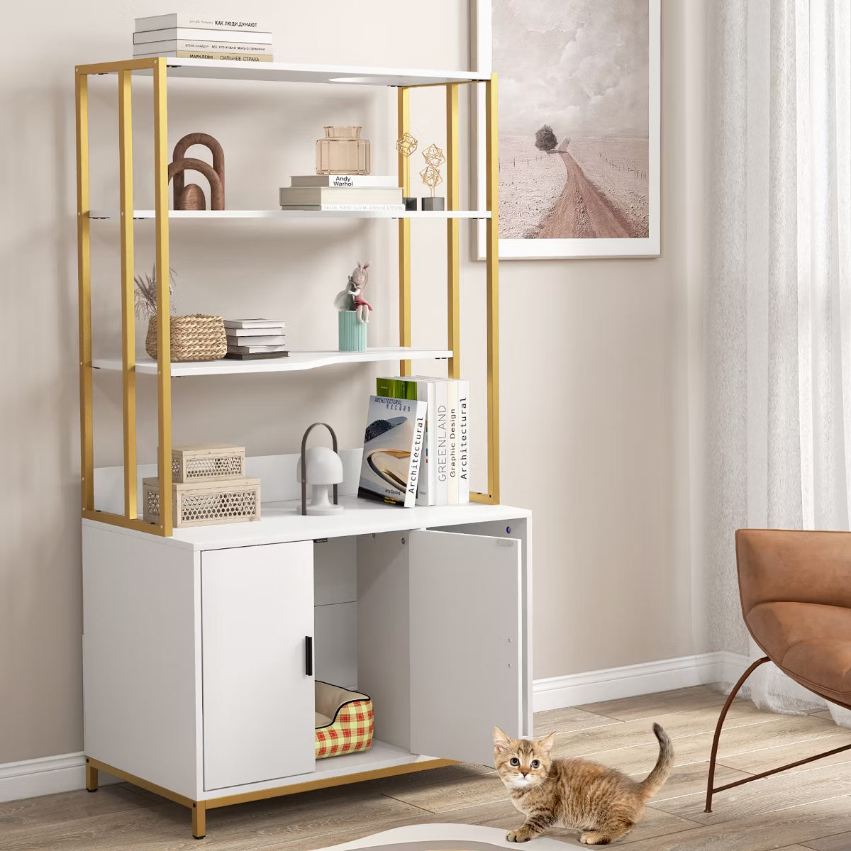 61" Cat Litter Box Enclosure w/ Storage 3-tier Shelves Side Entrance Indoor