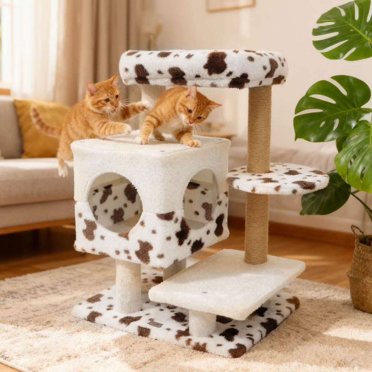 Modern Cat Tree with Wide Upholstered Perch & 2-Entrance Cat Condo Scratching Posts