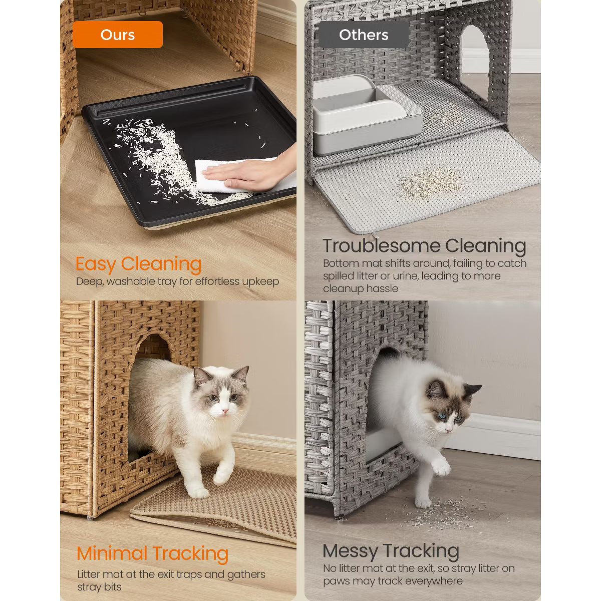 Cat Litter Box Enclosure, Handwoven Rattan Hidden Litter Box Furniture with Extra Mat