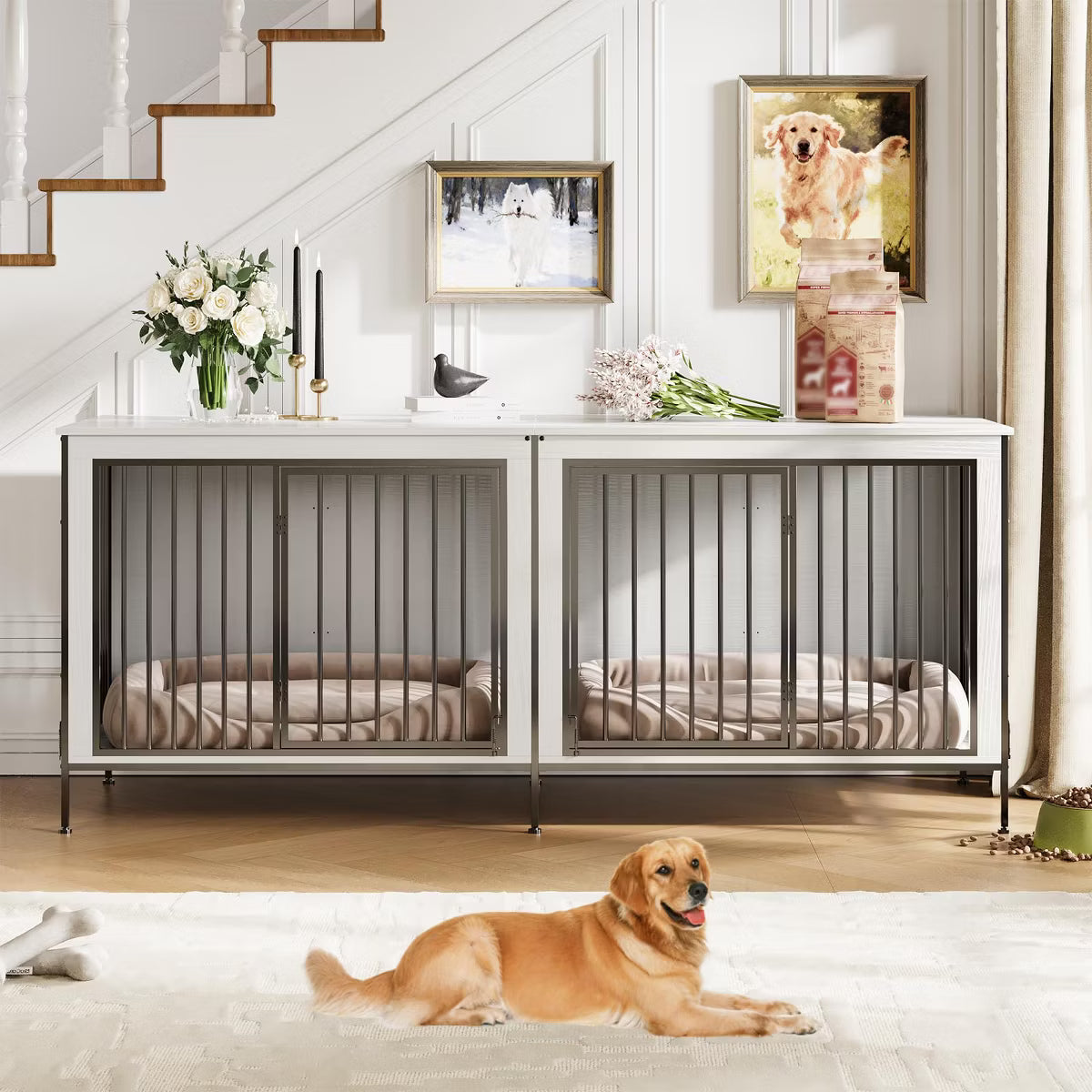 79" Double Dog Crate Furniture, Heavy-Duty Wooden Indoor Dog Kennel with Divider,