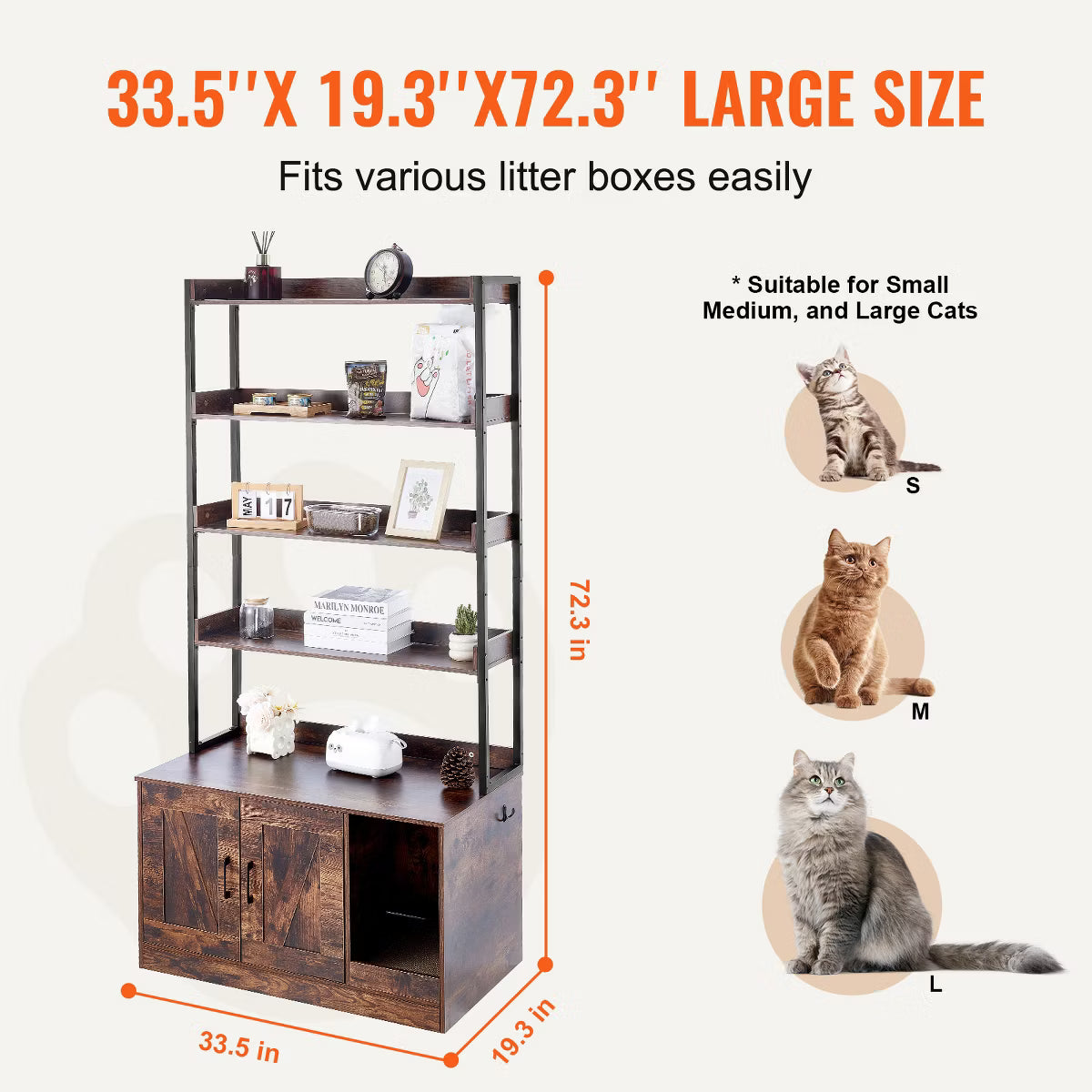 Cat Litter Box Enclosure, Hidden Litter Box Furniture with 4 Storage Shelves, Wooden Cat Washroom Indoor