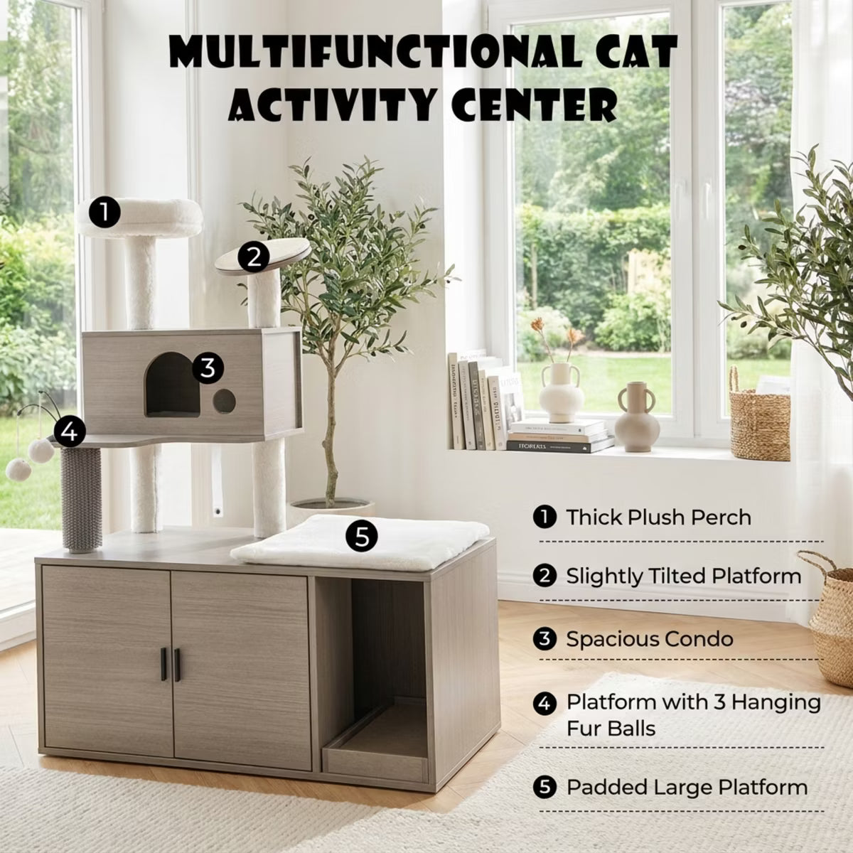 52 Inch Cat Tree Tower with Litter Box Enclosure 2-in-1 Cat Condo Furniture with Plush Perch and Sisal Mats,
