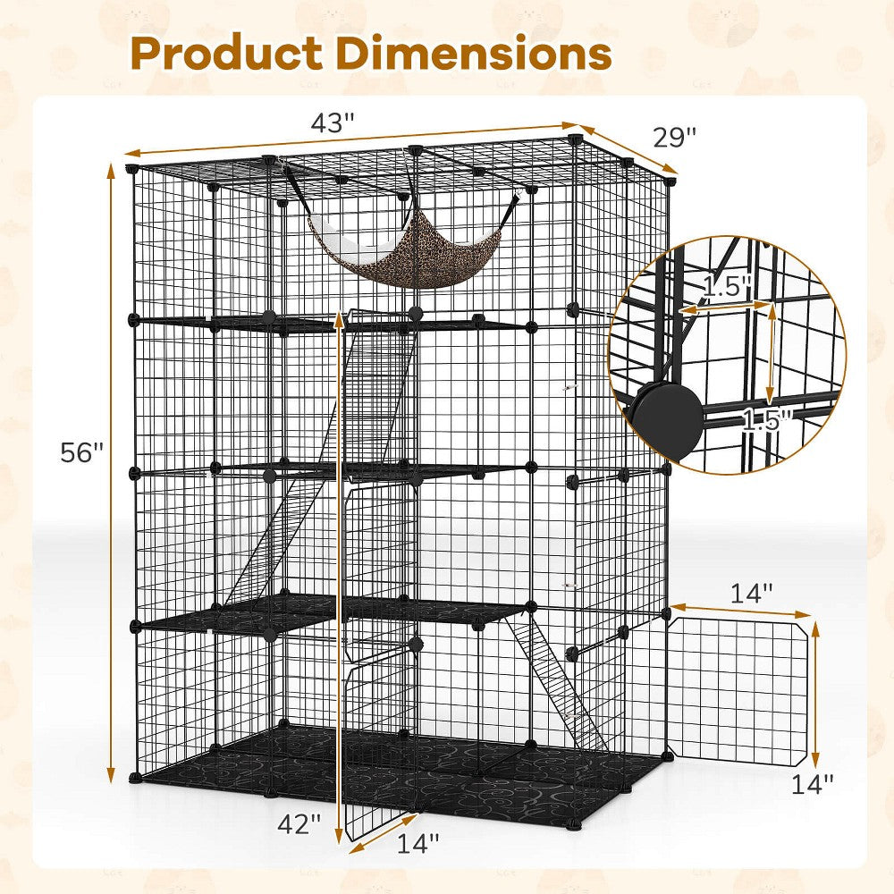 Black metal cat cage with wide platforms and sky window