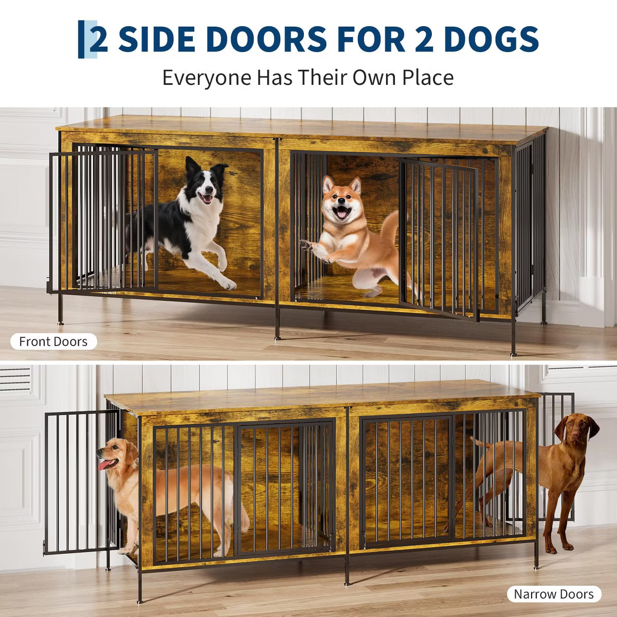 79" Double Dog Crate Furniture, Heavy-Duty Wooden Indoor Dog Kennel with Divider,