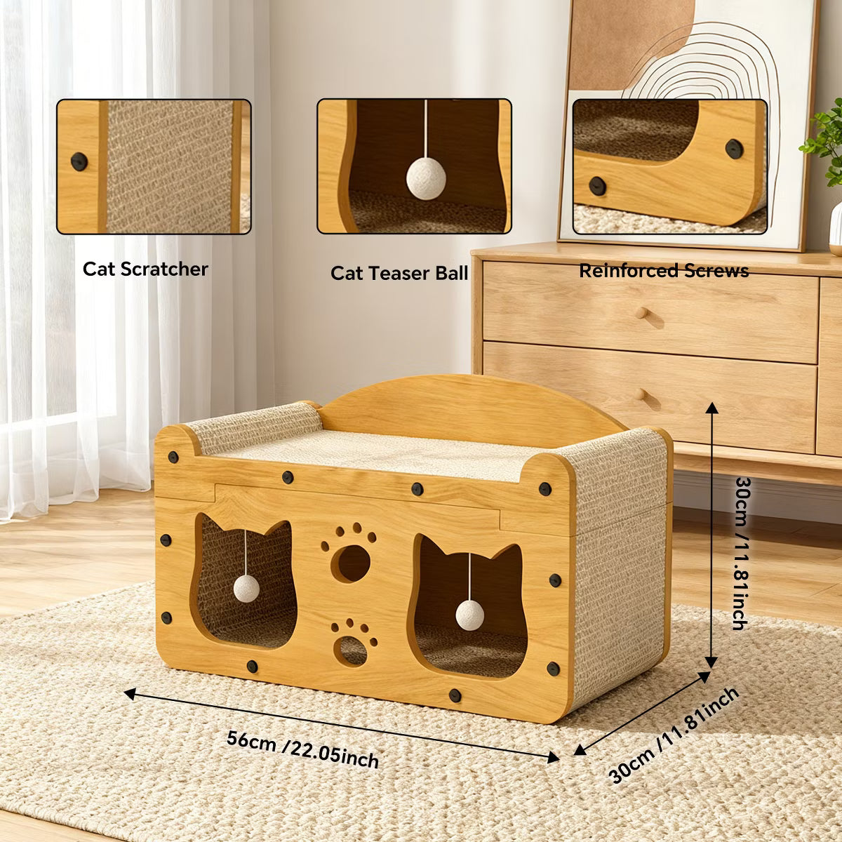Durable Cat House Box, Cat Scratcher Bed with Hideout Caves