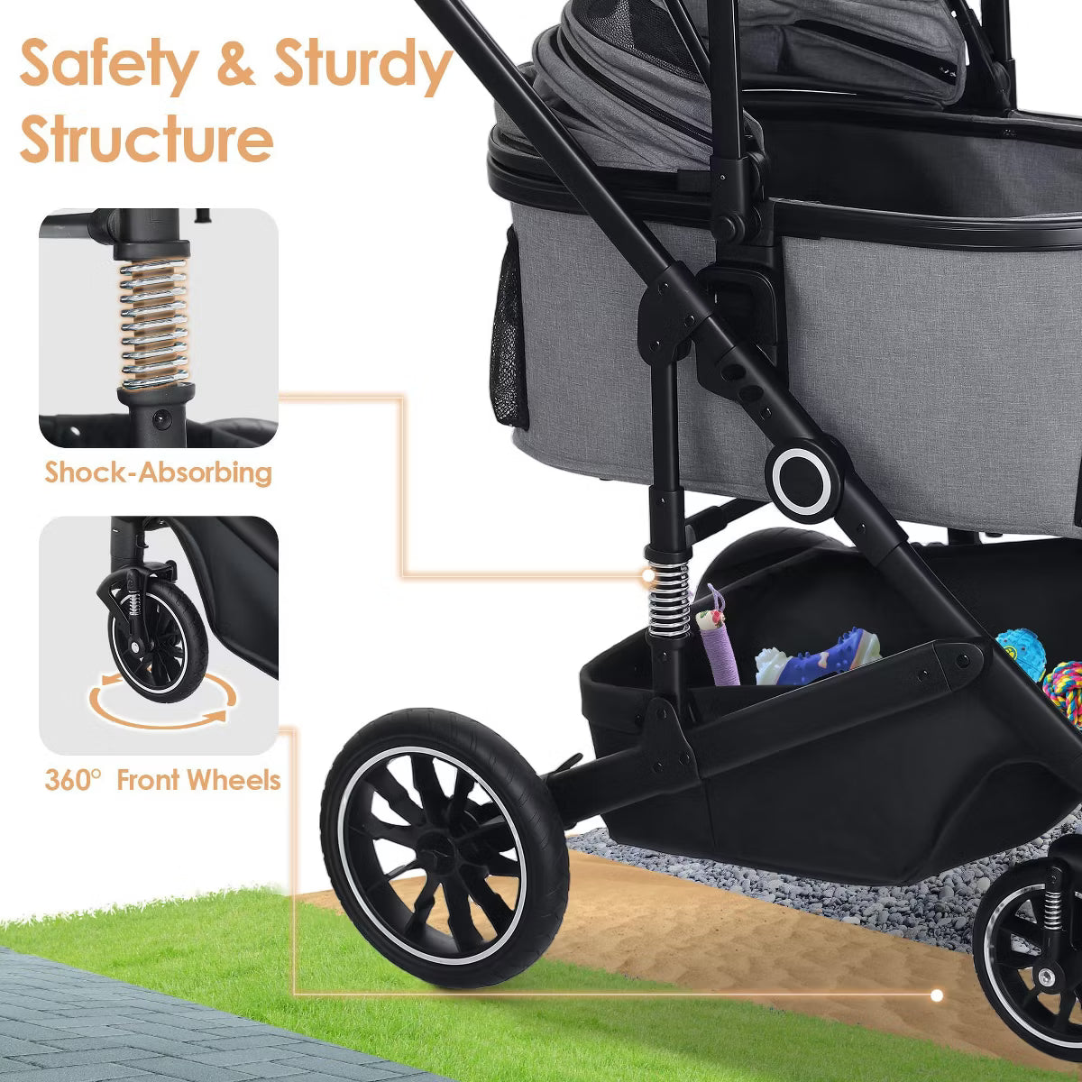 3-in-1 Folding Pet Stroller for Small to Medium Dogs and Cats up to 50 lbs with Storage Basket