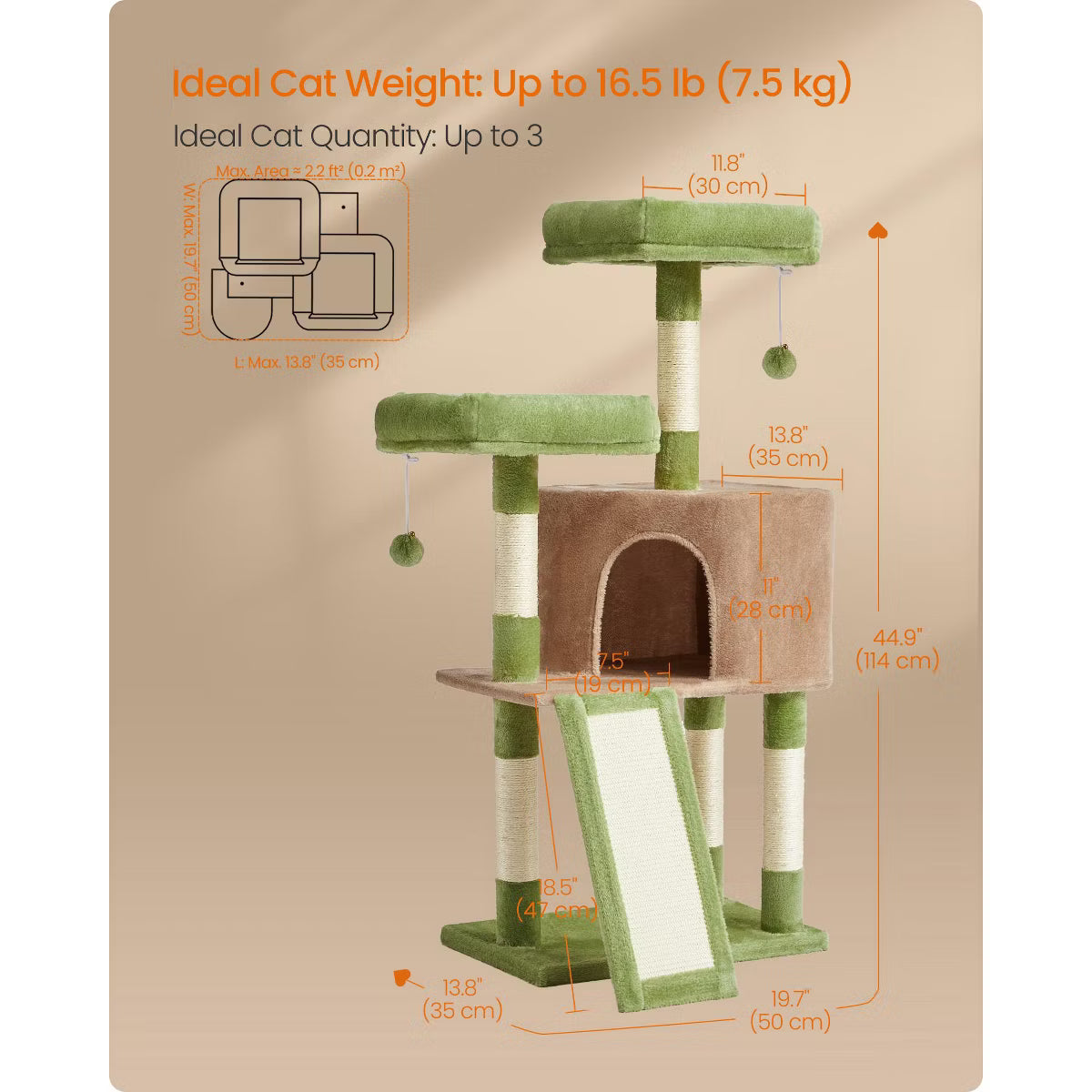 45.3-Inch Cat Tower with Scratching Ramp, Multi-Level Cat Condo with Spacious Cave & 2 Perches,