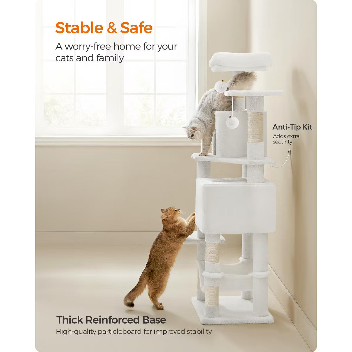 9.5-Inch Tall Cat Tower, Plush Multi-Level Condo with 5 Scratching Posts, 2 Perches