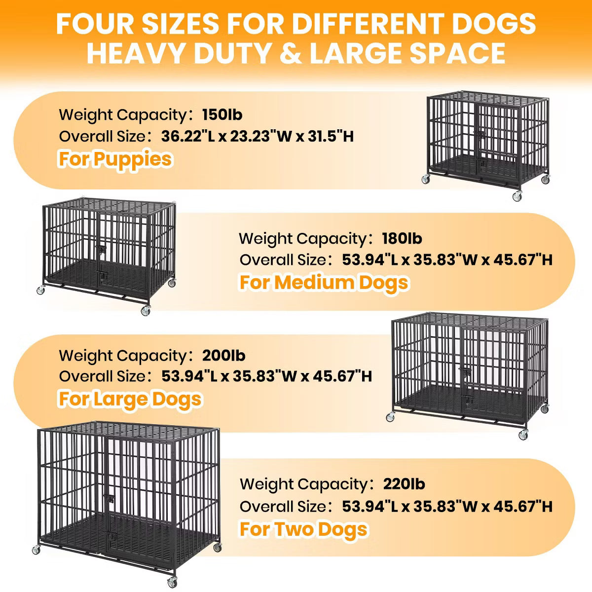 Escape Proof Dog Cage with Rolling Wheels, Sturdy Pet Kennel for Medium and Large Dogs
