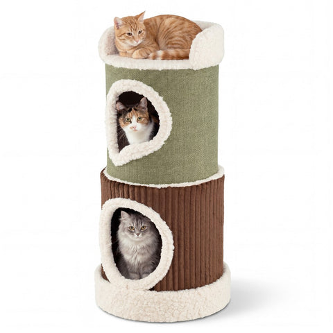 Costway Barrel-Shaped Cat House with Top Perch & Double Condos - Green, Brown & Beige