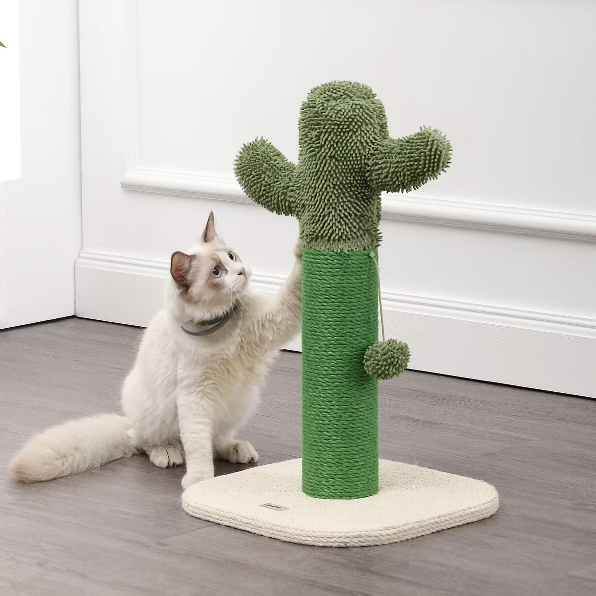 21" Modern Jute Cactus Cat Scratching Post with Fuzzy Toy, Green/White