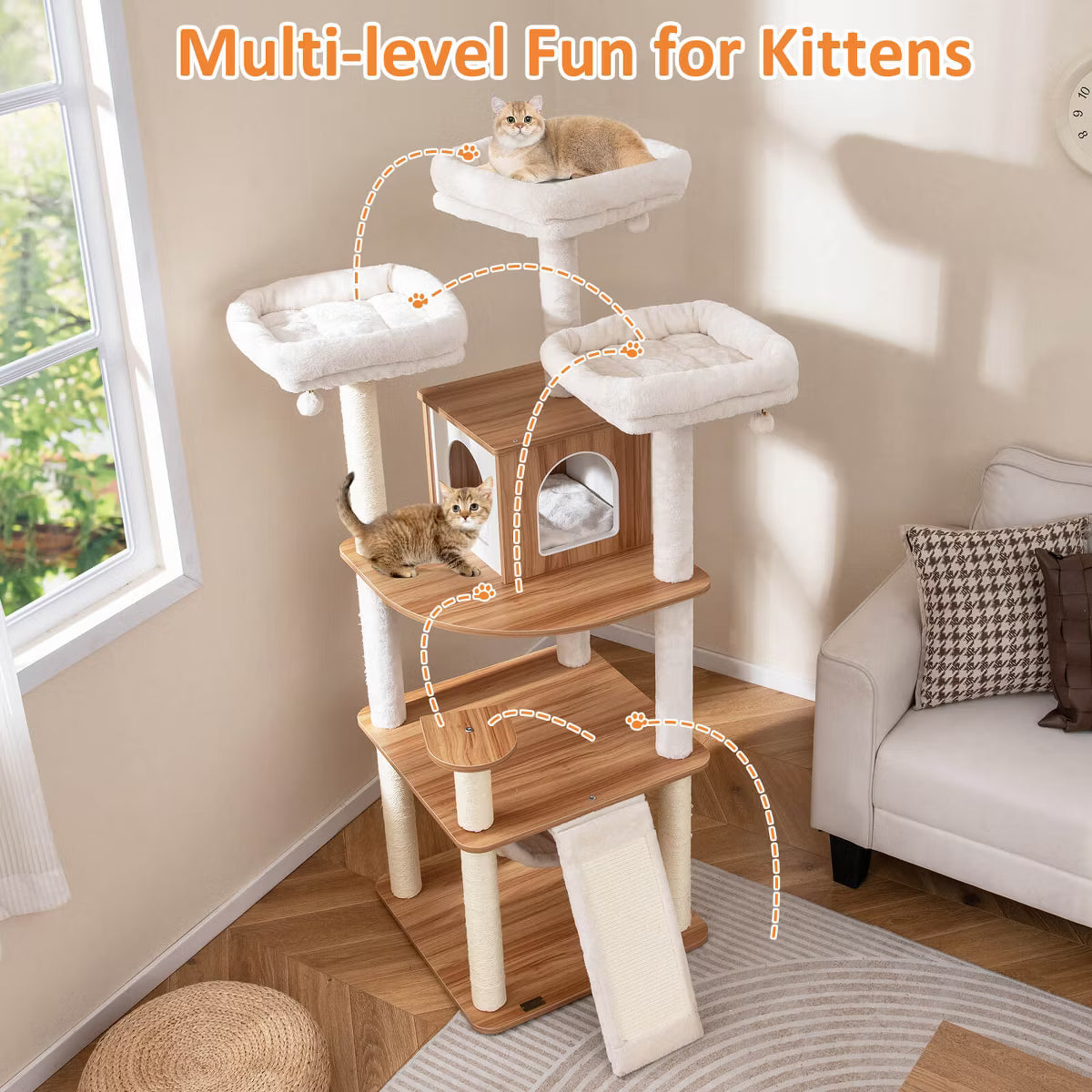68” Tall Cat Tree Wood Cat Tower w/ 3 Padded Perches Multi-Level Climbing Furniture