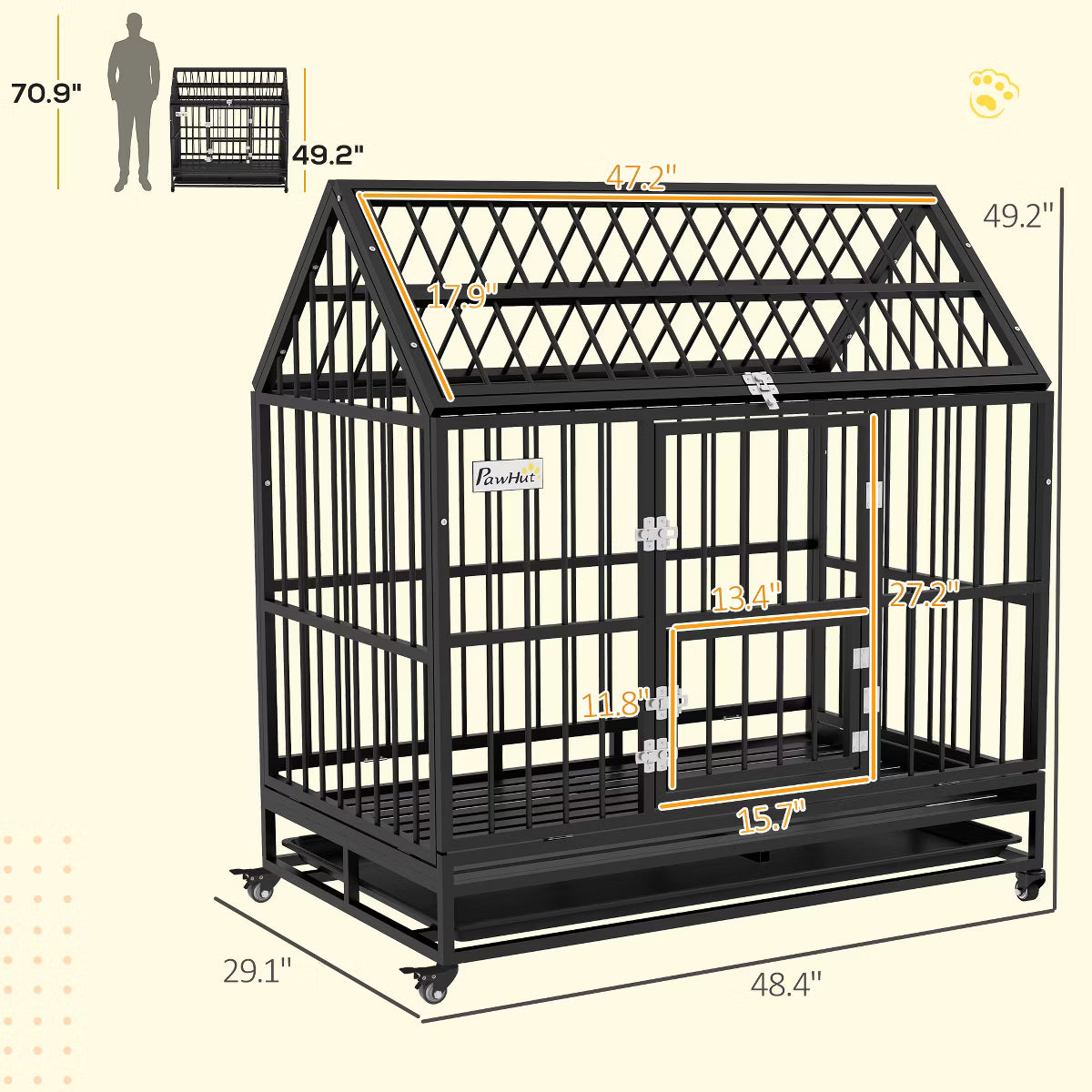 Heavy Duty Dog Crate, Strong Steel Large Dog Crate with 4 Lockable Wheels,