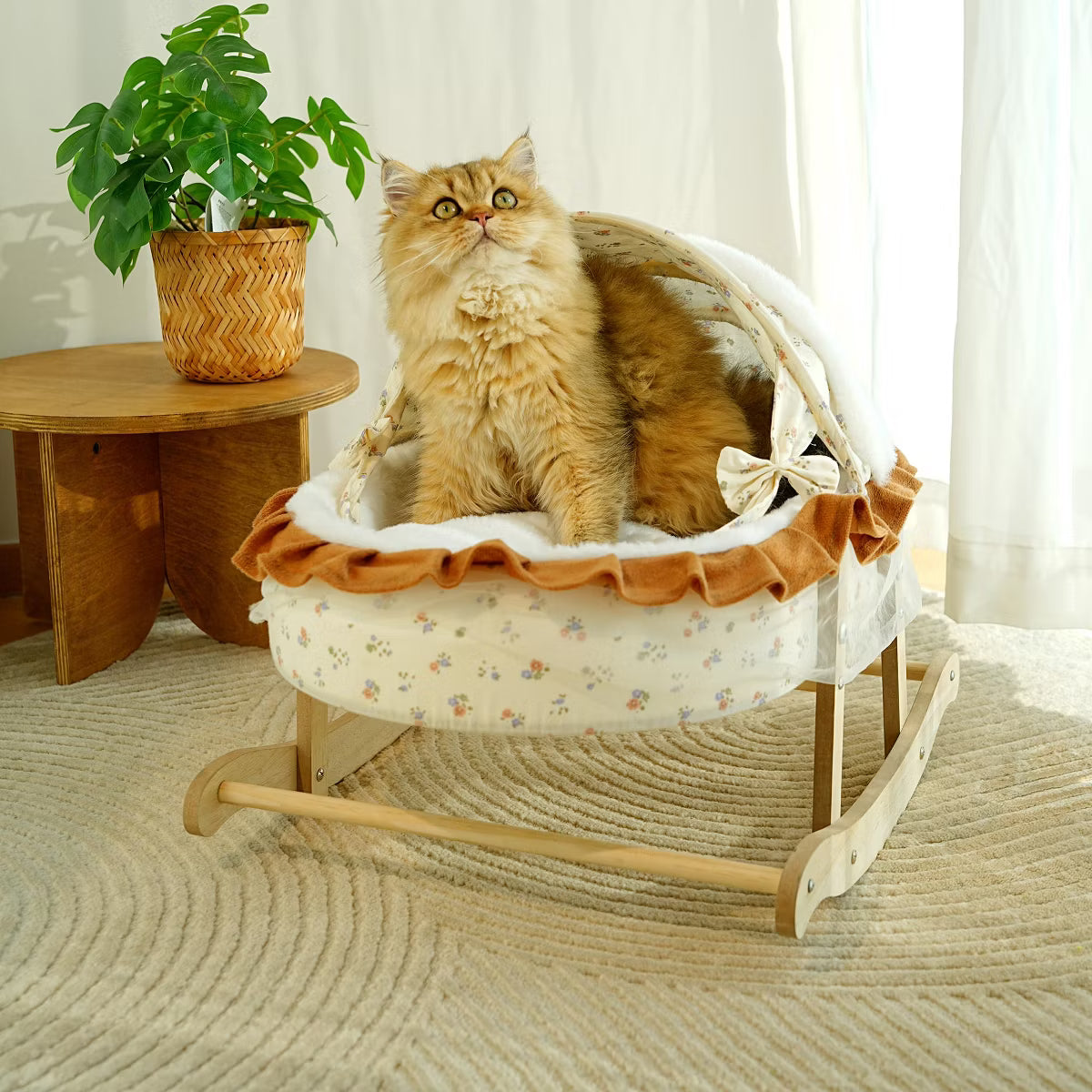 French-Style Rocking Cat Bed - Wooden Stand & Canopy