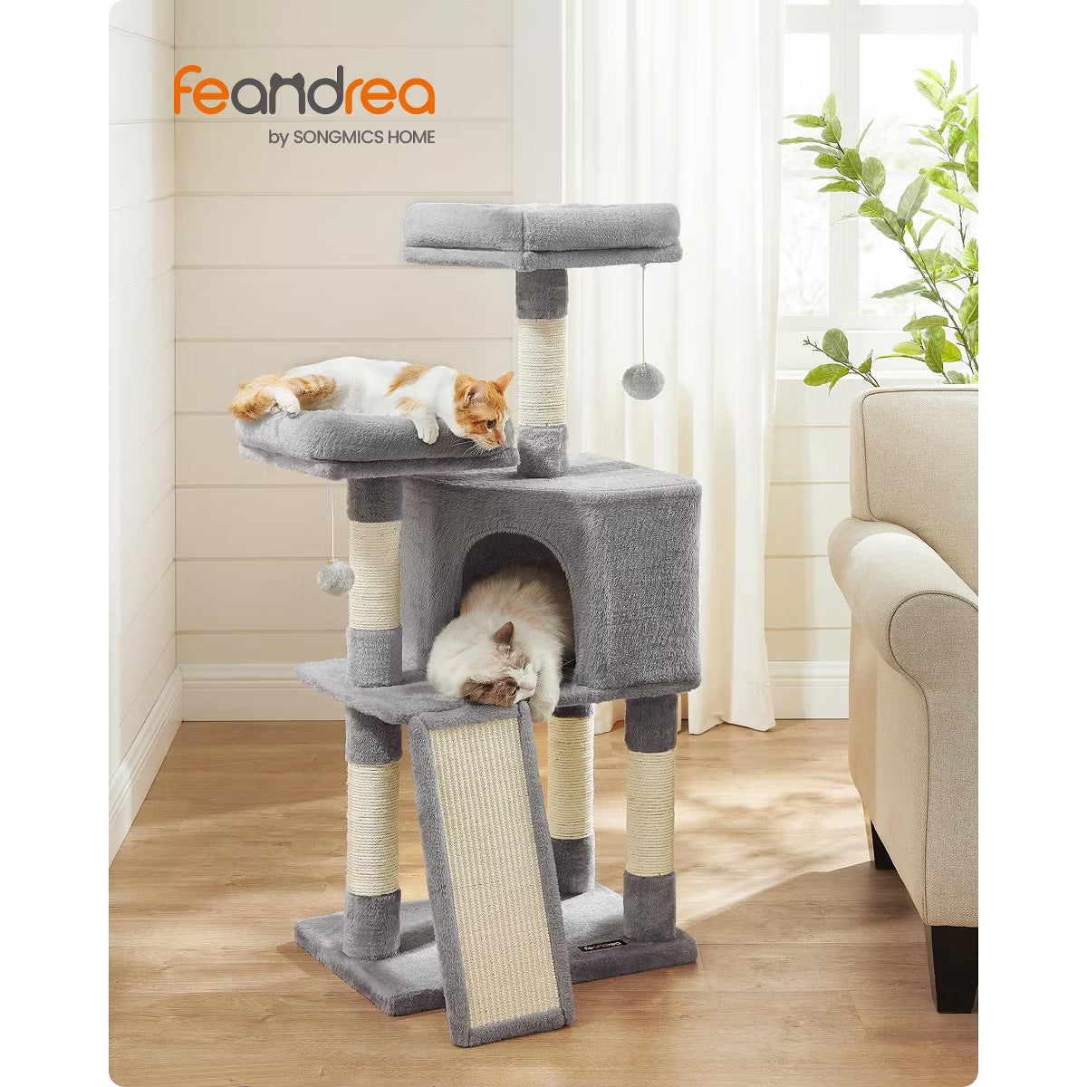 45.3-Inch Cat Tower with Scratching Ramp, Multi-Level Cat Condo with Spacious Cave & 2 Perches,