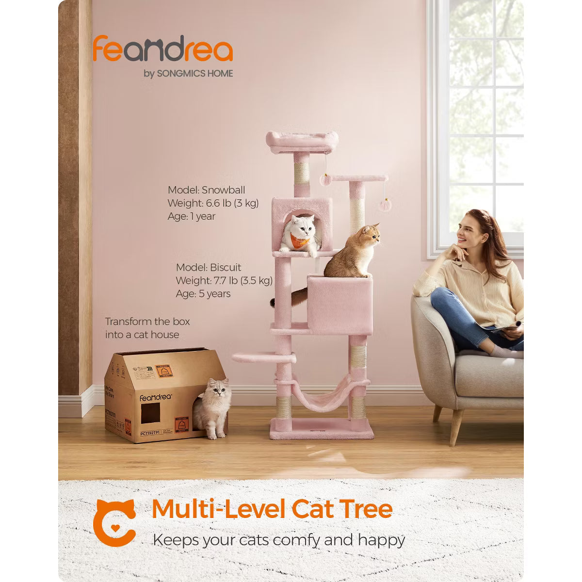 9.5-Inch Tall Cat Tower, Plush Multi-Level Condo with 5 Scratching Posts, 2 Perches