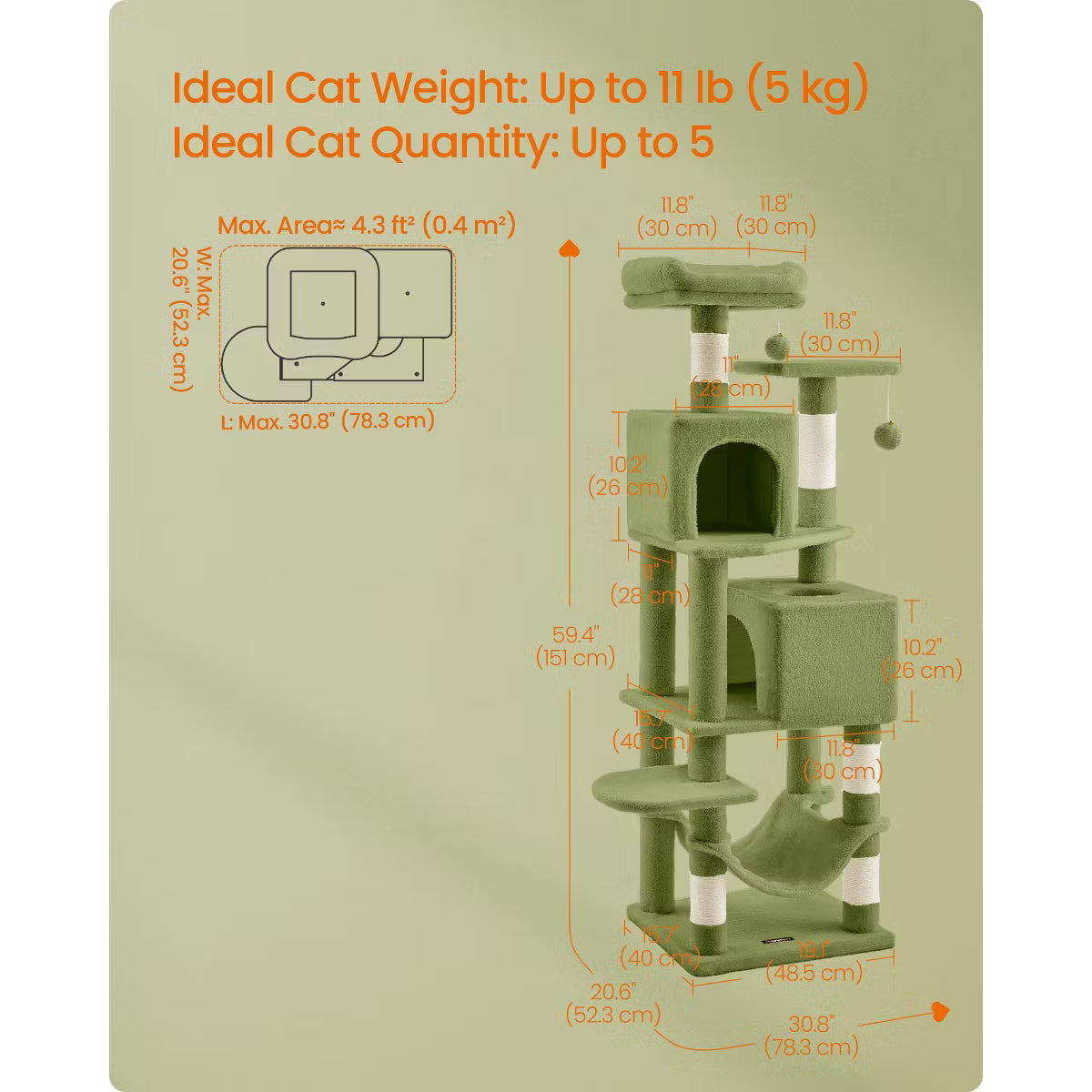 9.5-Inch Tall Cat Tower, Plush Multi-Level Condo with 5 Scratching Posts, 2 Perches