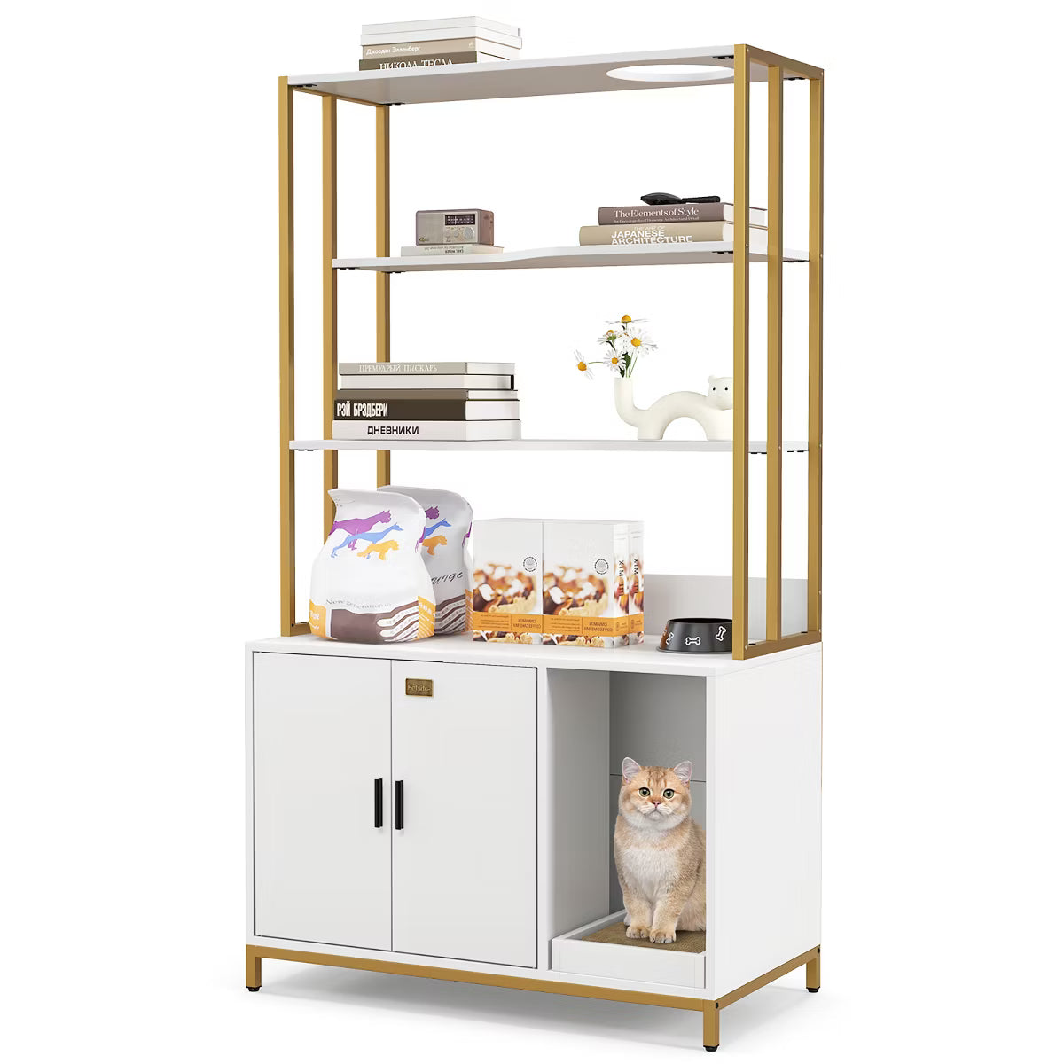 61" Cat Litter Box Enclosure w/ Storage 3-tier Shelves Side Entrance Indoor