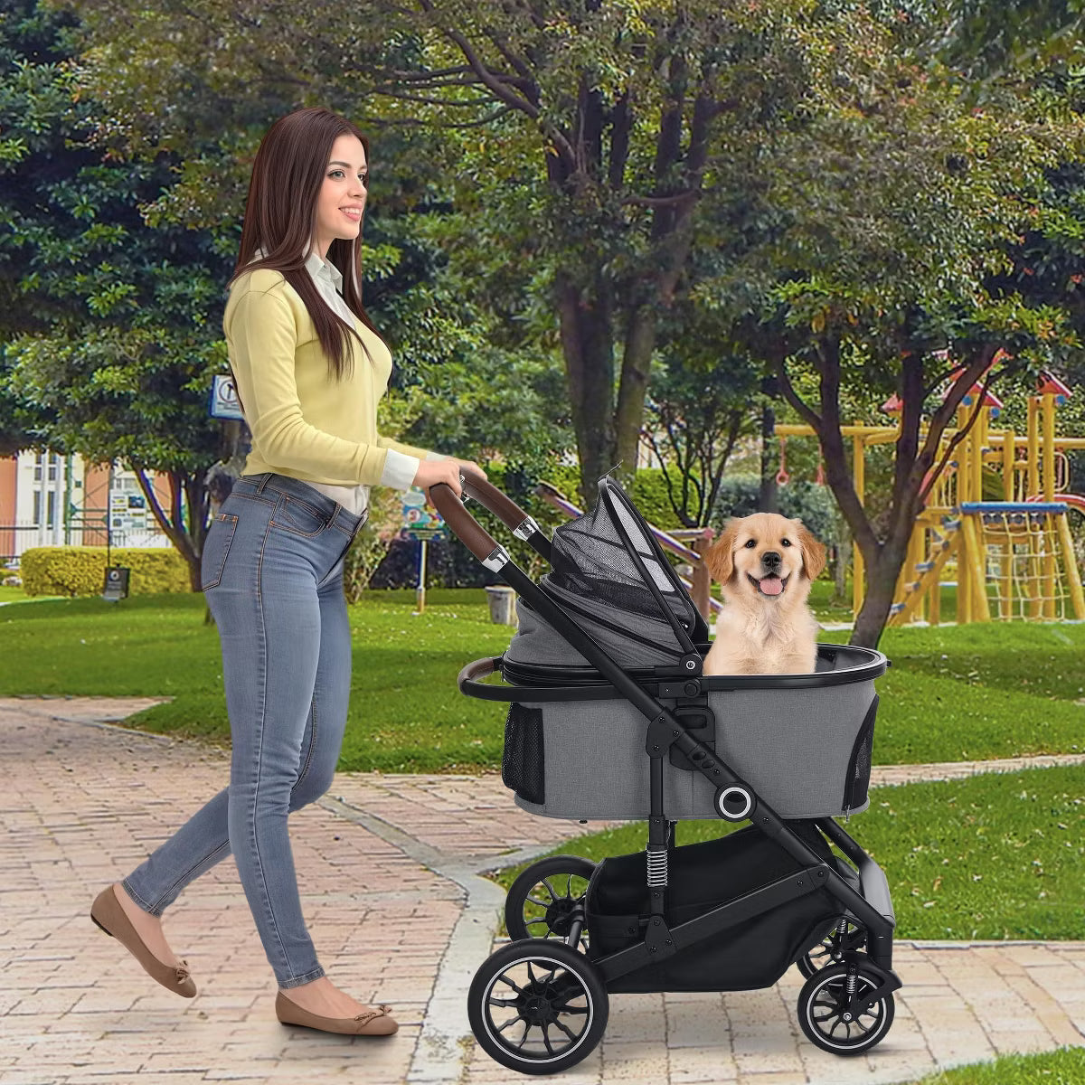 3-in-1 Folding Pet Stroller for Small to Medium Dogs and Cats up to 50 lbs with Storage Basket
