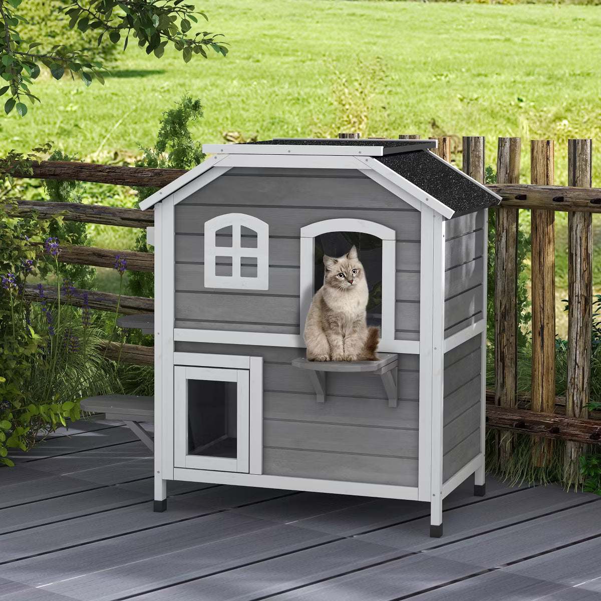 Wooden 2-Story Outdoor Cat House