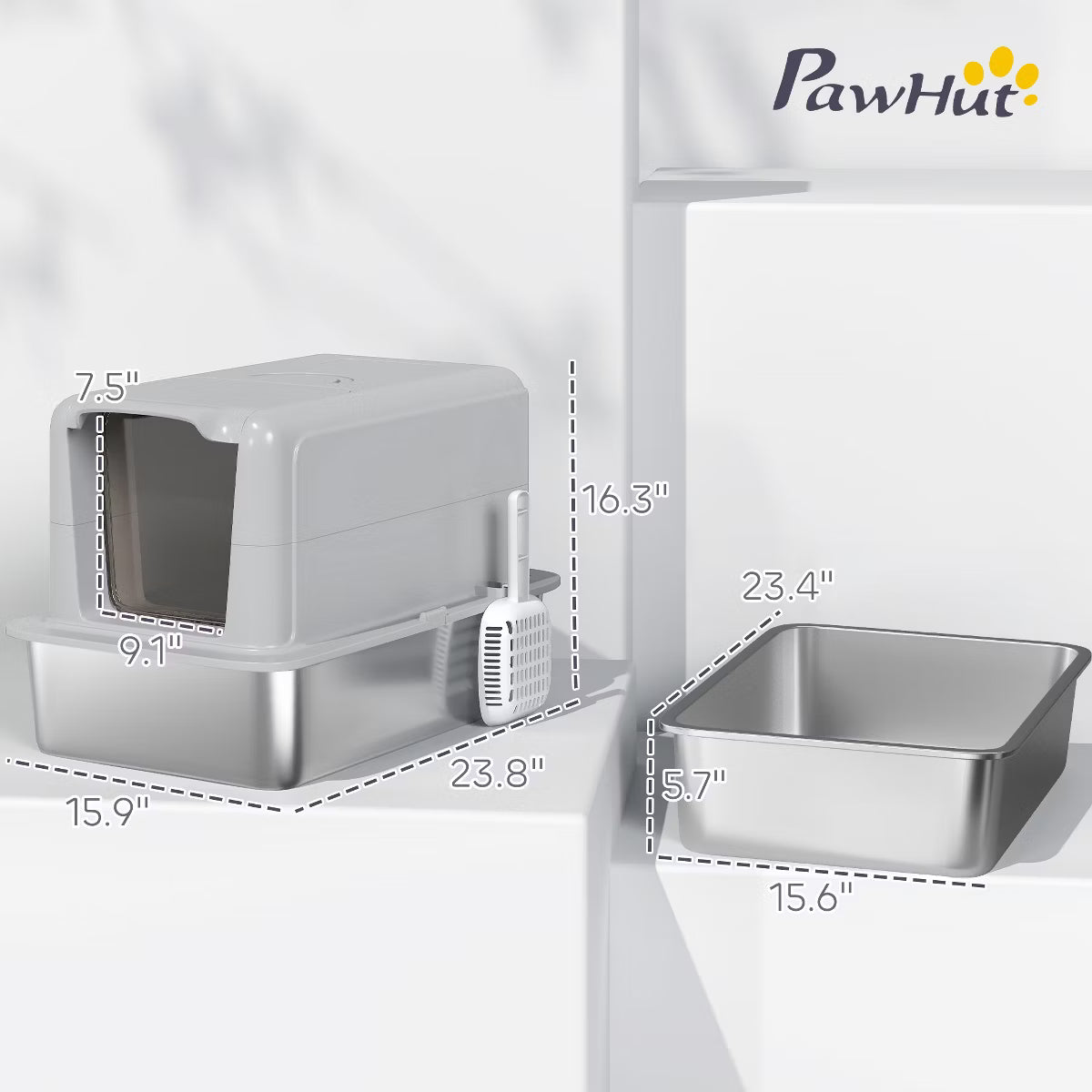 Stainless Steel Cat Litter Box, Extra Large 2 in 1 Kitty Litter Box with Removable Lid, Scoop,