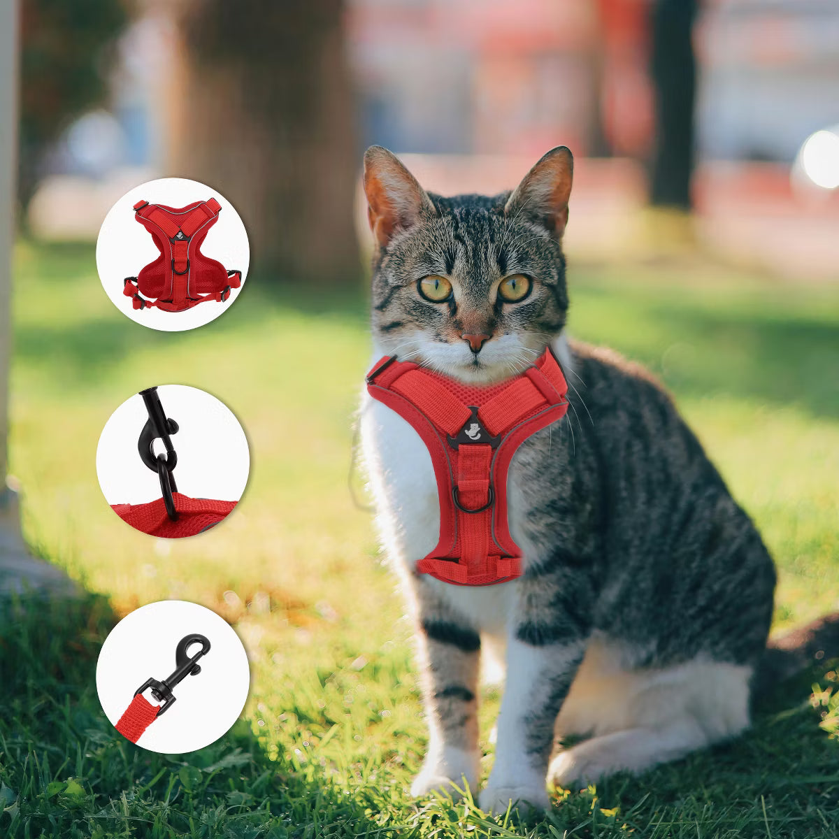 Cat Harness and Leash with Reflective Strips Large Red 1 Set