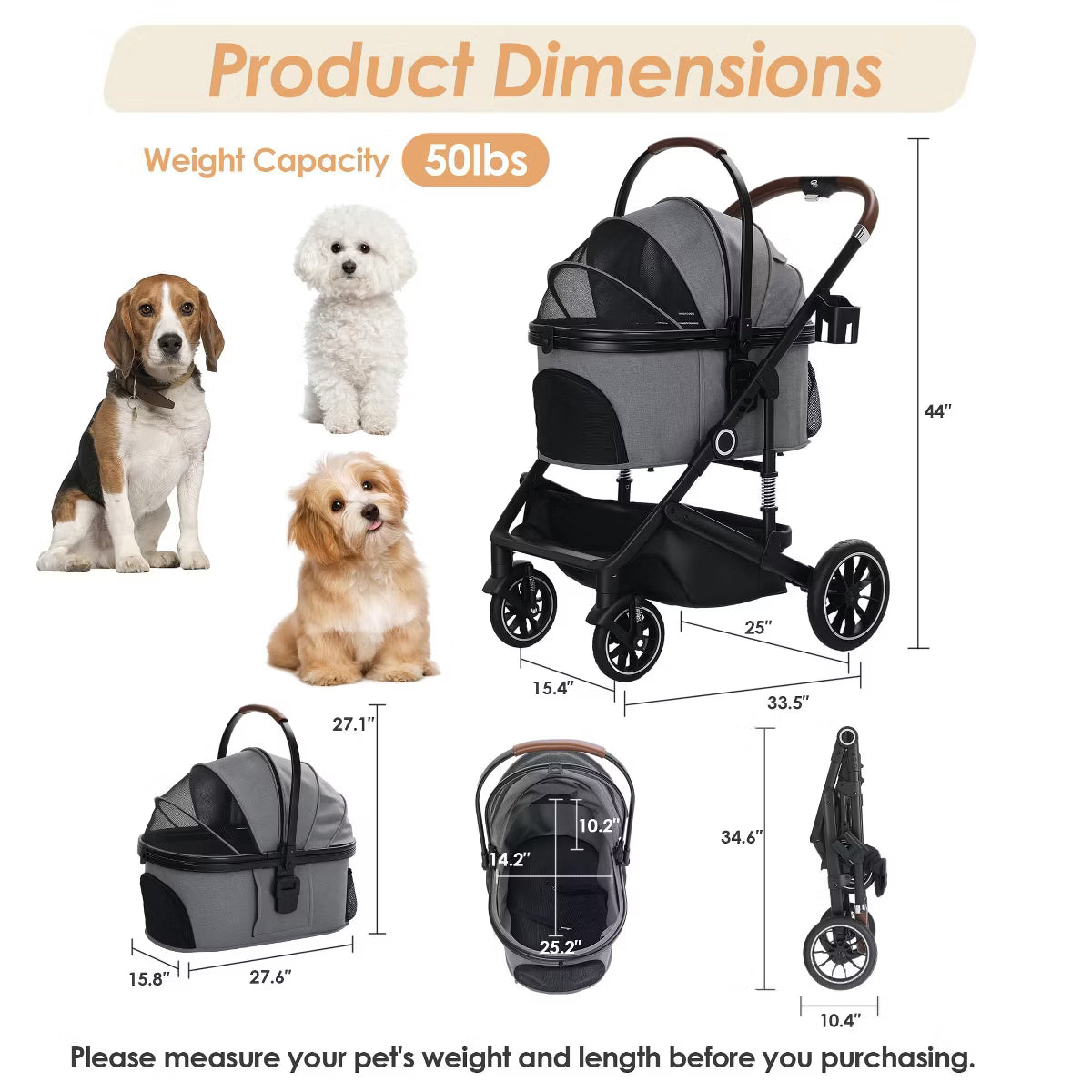3-in-1 Folding Pet Stroller for Small to Medium Dogs and Cats up to 50 lbs with Storage Basket