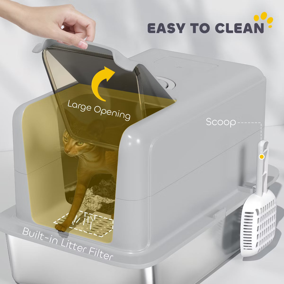 Stainless Steel Cat Litter Box, Extra Large 2 in 1 Kitty Litter Box with Removable Lid, Scoop,