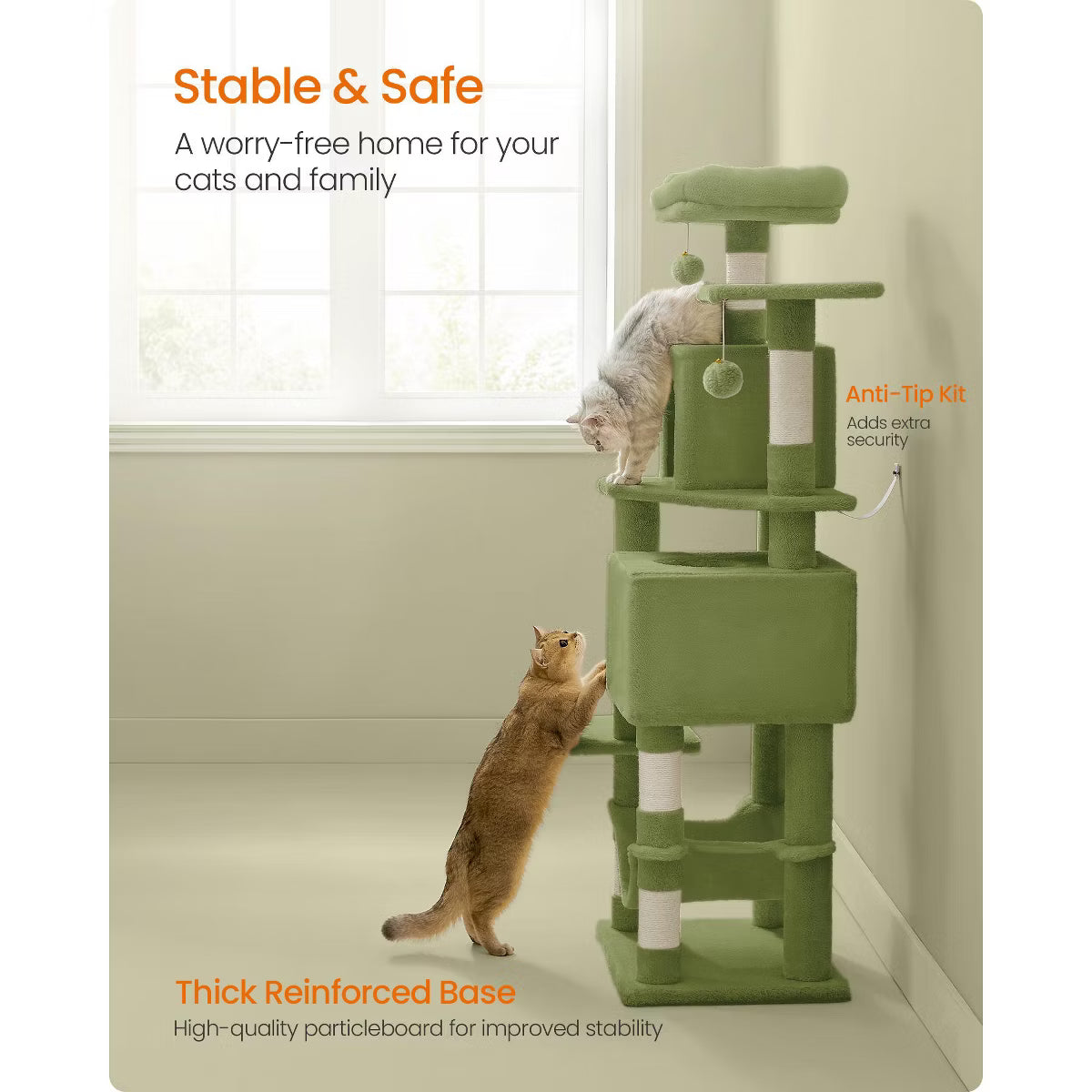 9.5-Inch Tall Cat Tower, Plush Multi-Level Condo with 5 Scratching Posts, 2 Perches