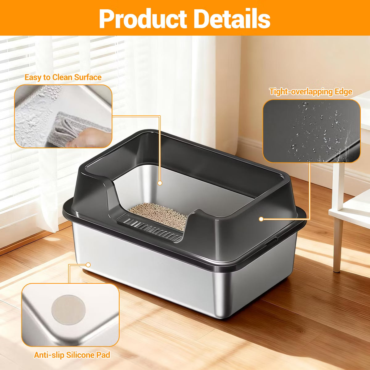 Jumbo Stainless Steel Cat Litter Box - High-Sided & Non-Stick,
