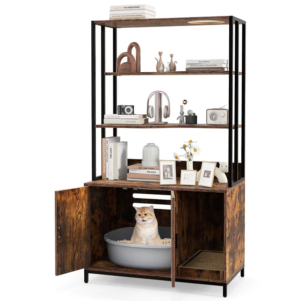 61" Cat Litter Box Enclosure w/ Storage 3-tier Shelves Side Entrance Indoor