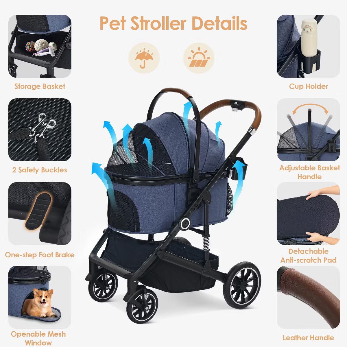 3-in-1 Folding Pet Stroller for Small to Medium Dogs and Cats up to 50 lbs with Storage Basket