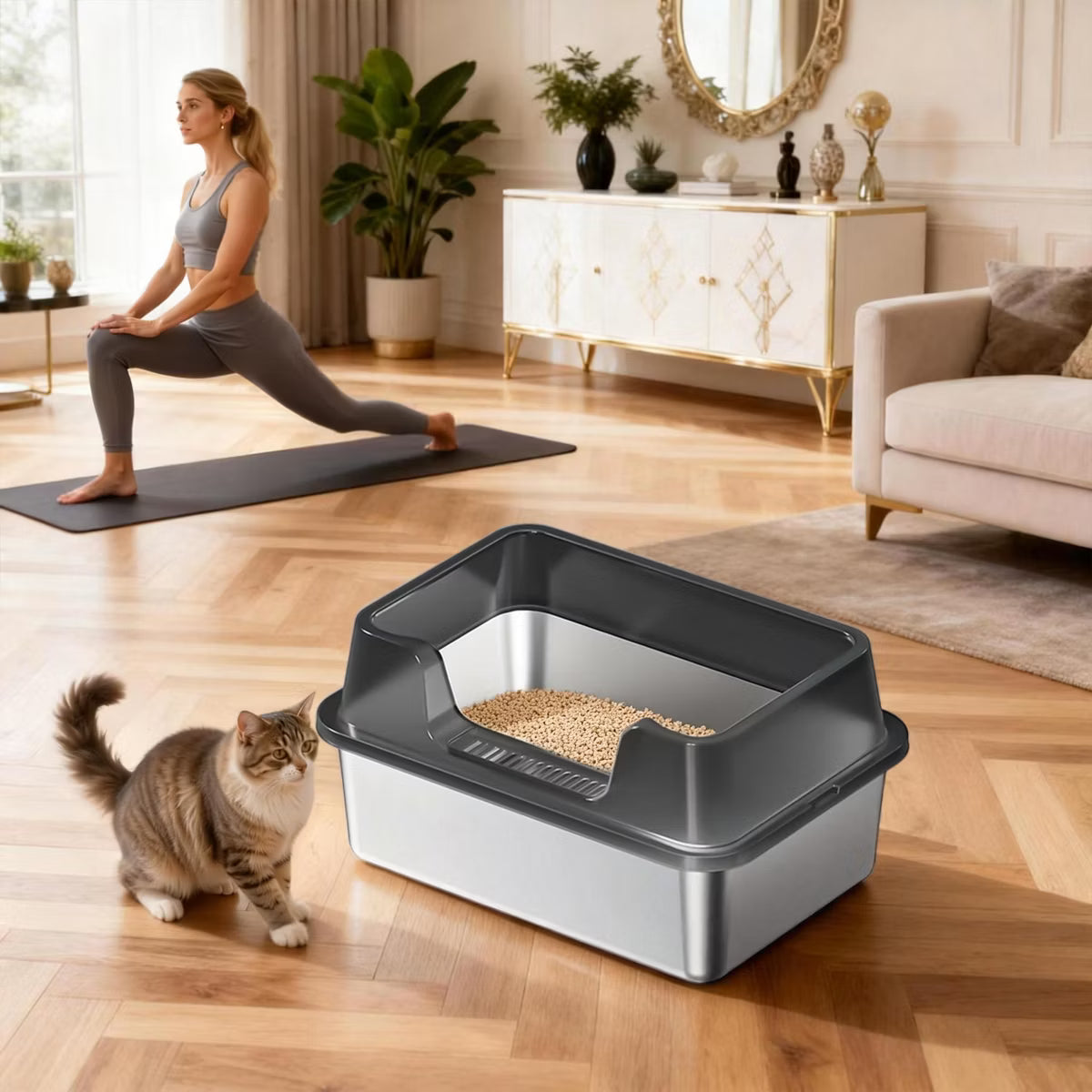 Jumbo Stainless Steel Cat Litter Box - High-Sided & Non-Stick,