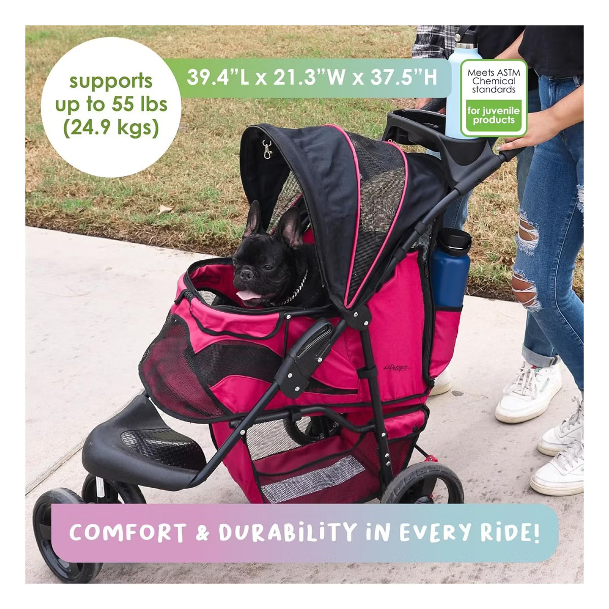 Durable Pet Stroller for Pets up to 50-lbs Razzberry
