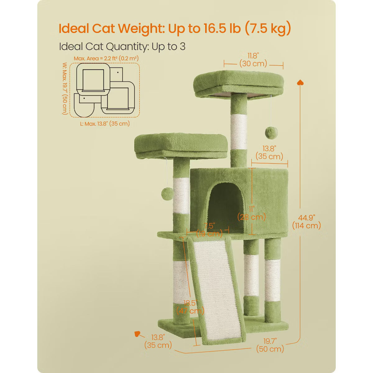 45.3-Inch Cat Tower with Scratching Ramp, Multi-Level Cat Condo with Spacious Cave & 2 Perches,