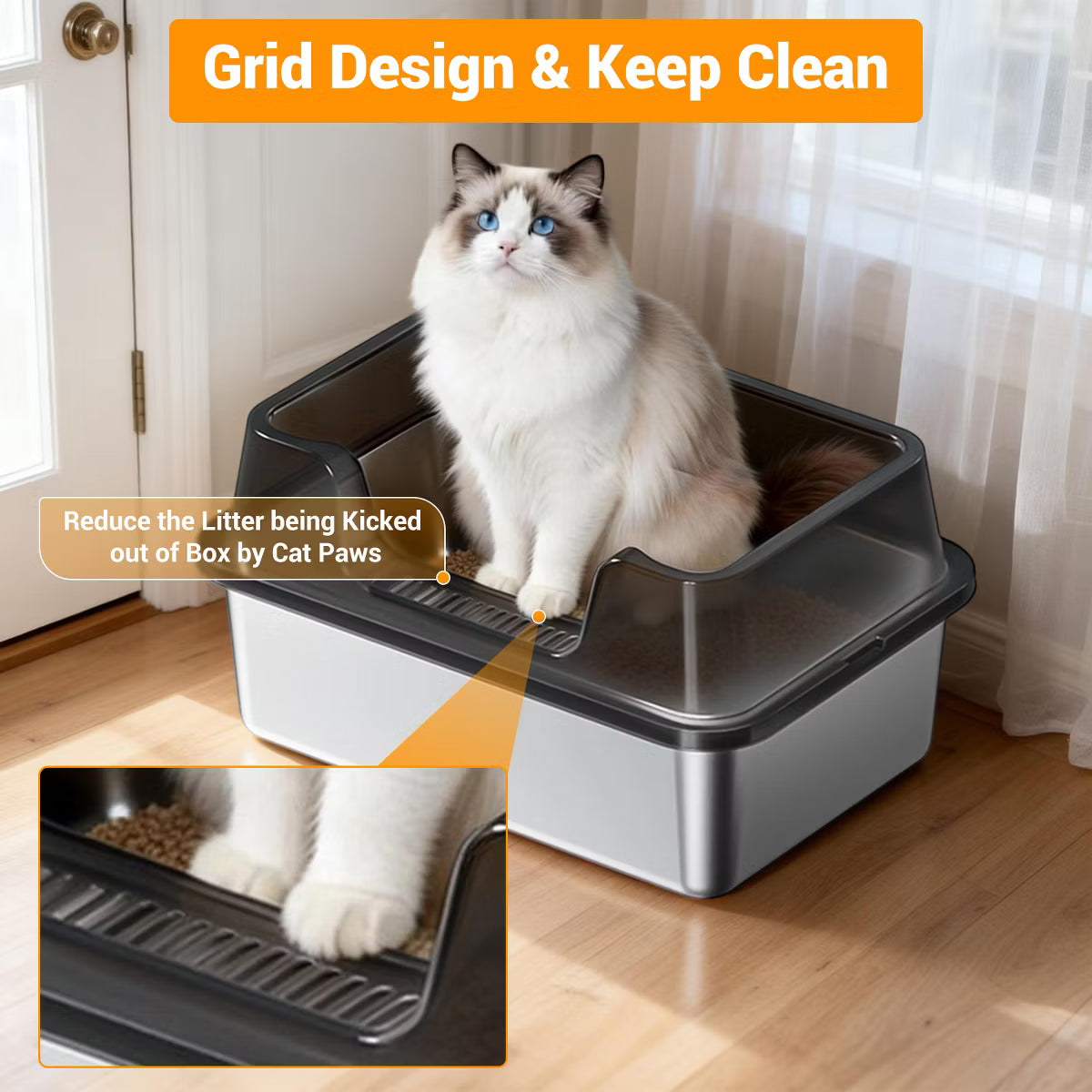 Jumbo Stainless Steel Cat Litter Box - High-Sided & Non-Stick,