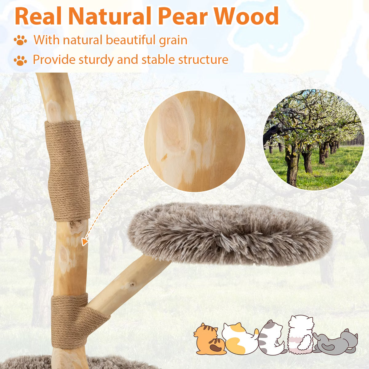 Solid Wood Cat Tower Modern Cat Scratching Tree w/Luxurious Perch Teasing Rope