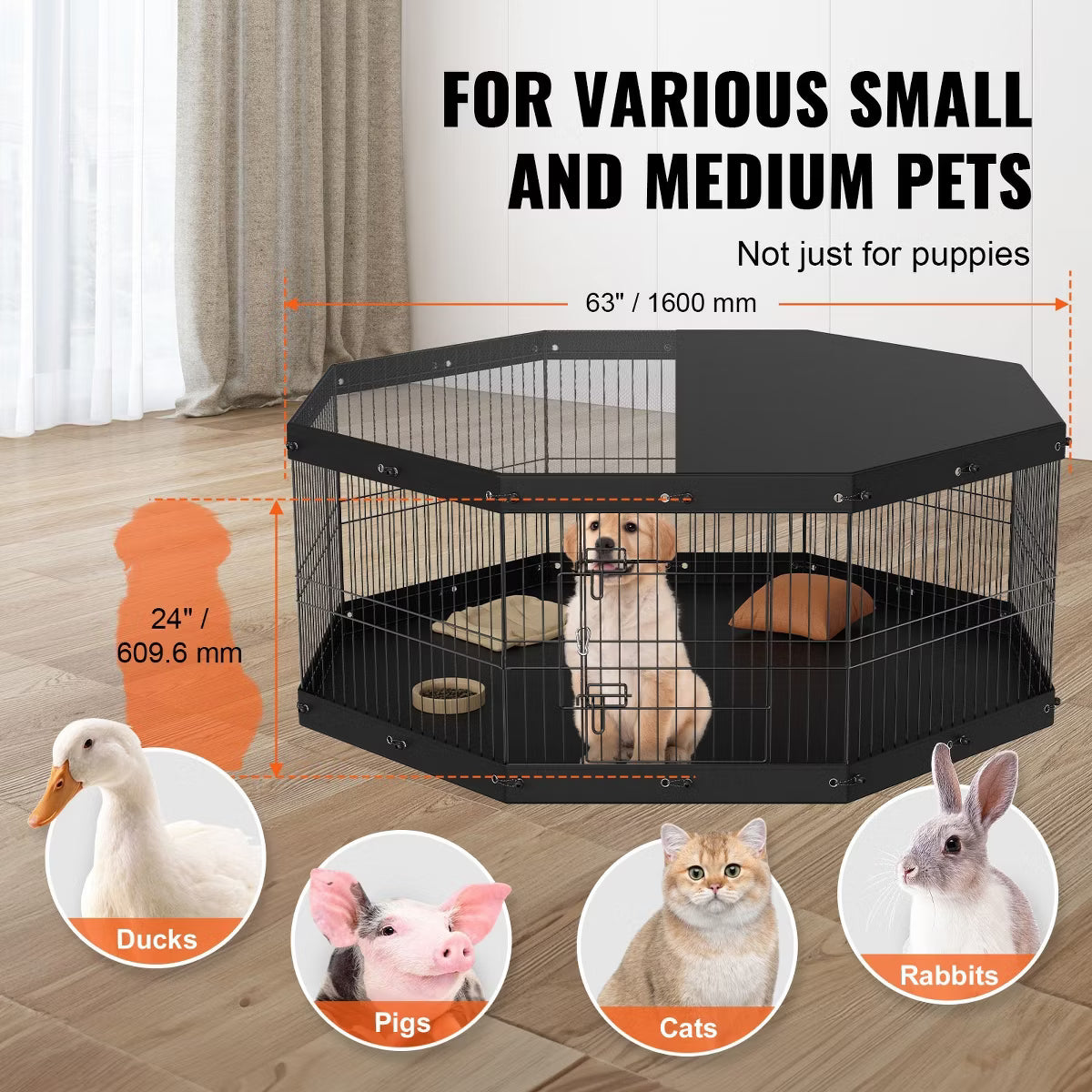8 Panel Foldable Metal Exercise Pen, Top Cover & Bottom Pad, 24" H Indoor Outdoor Fence
