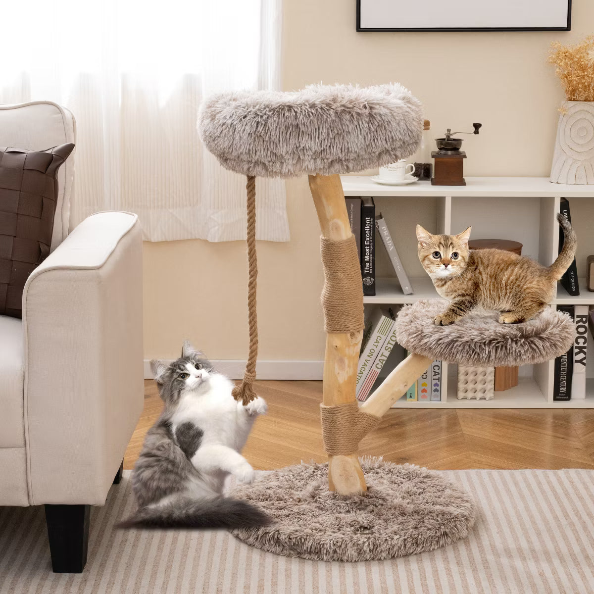 Solid Wood Cat Tower Modern Cat Scratching Tree w/Luxurious Perch Teasing Rope