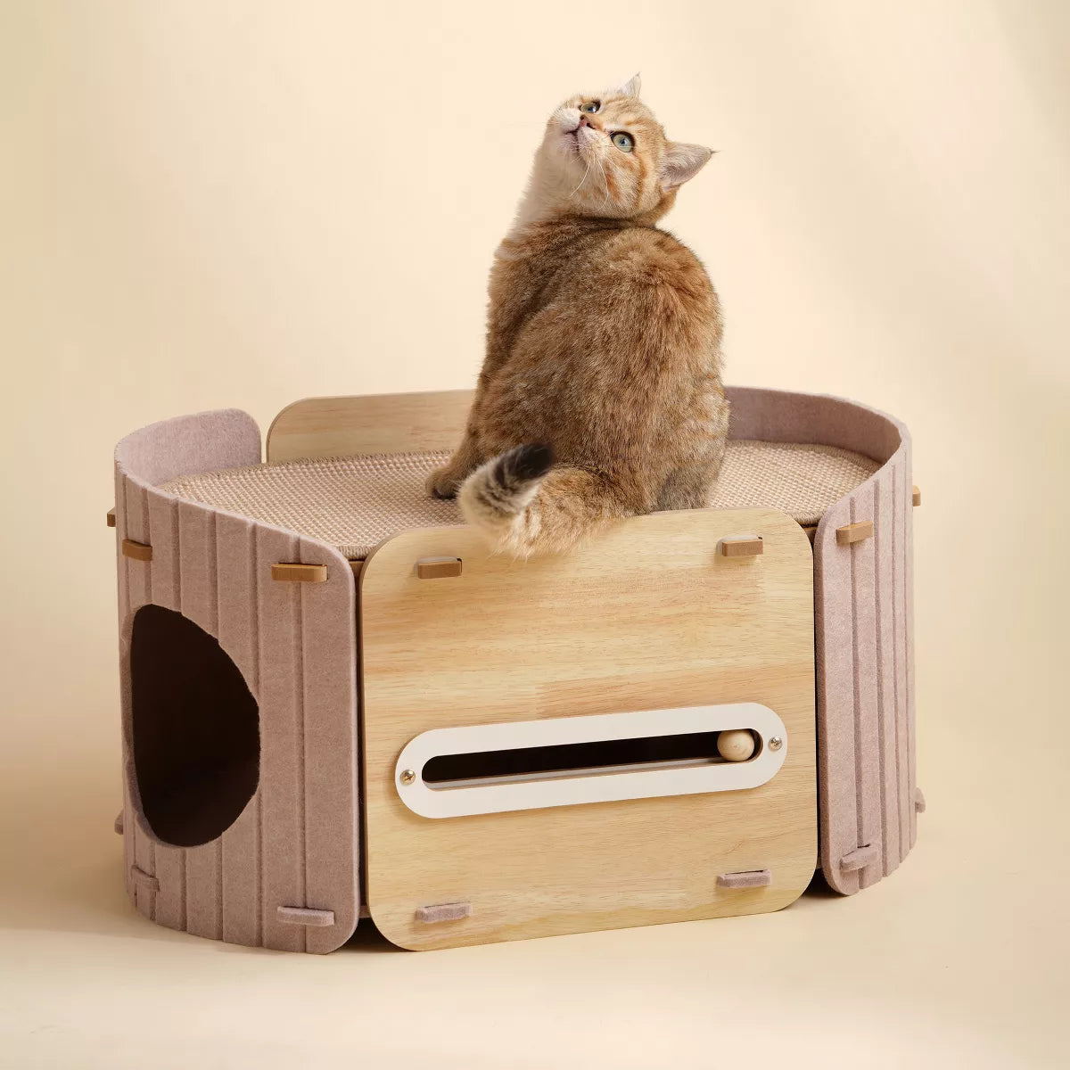 2-in-1 Modern Wooden Cat Condo Bed Beige