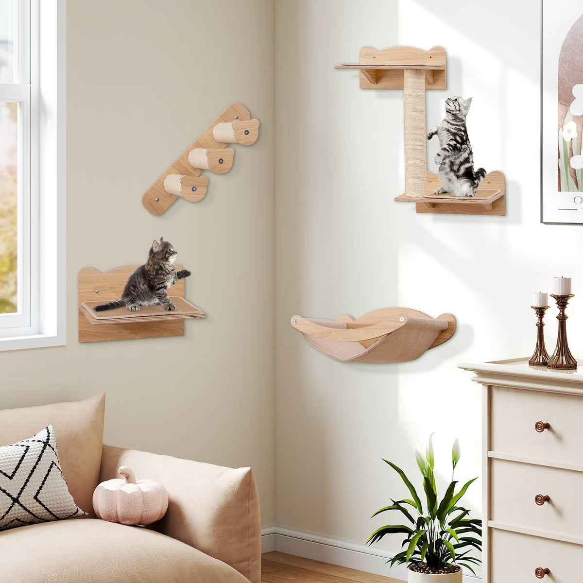 4-Piece Wall Mounted Cat Playground w/ 2-step Cat Tree Wooden Cat Climber Furniture Set