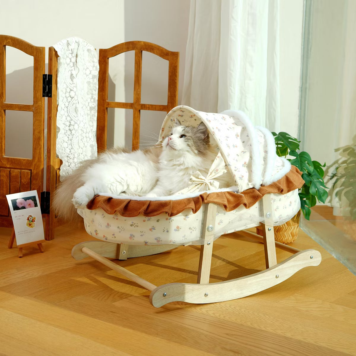 French-Style Rocking Cat Bed - Wooden Stand & Canopy
