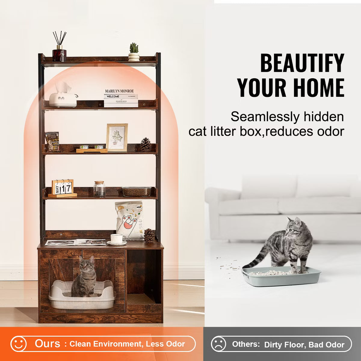 Cat Litter Box Enclosure, Hidden Litter Box Furniture with 4 Storage Shelves, Wooden Cat Washroom Indoor