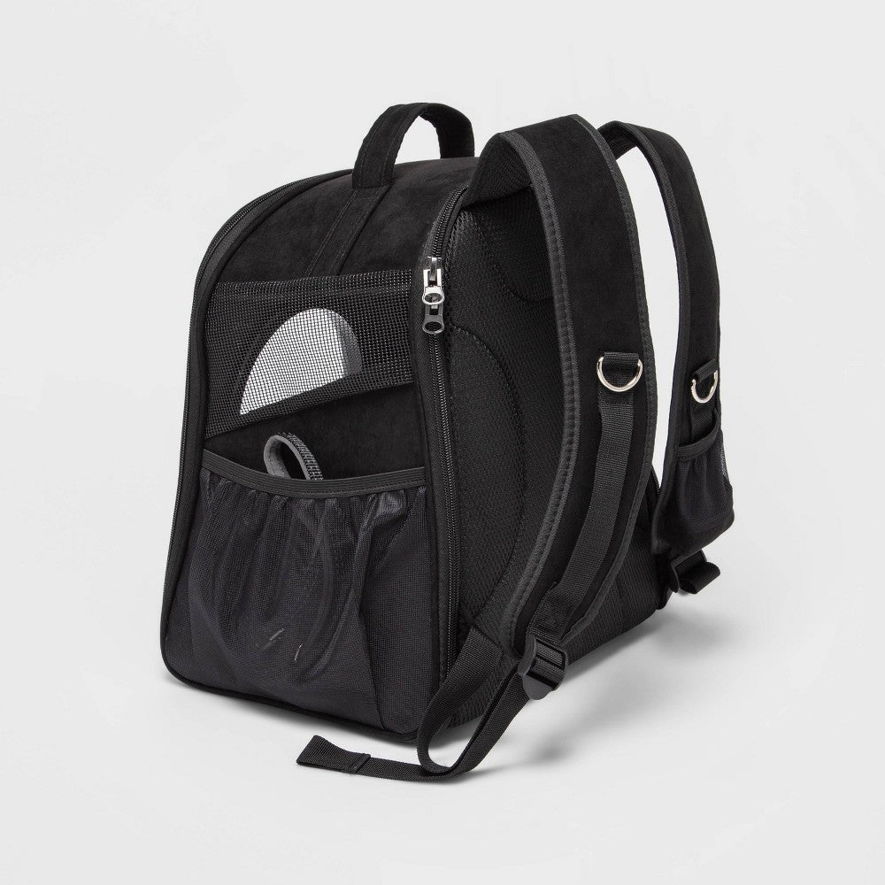 Black backpack cat carrier carried on back for walks and travel