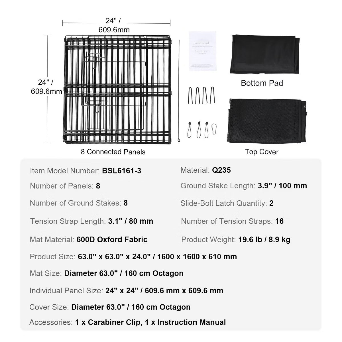 8 Panel Foldable Metal Exercise Pen, Top Cover & Bottom Pad, 24" H Indoor Outdoor Fence
